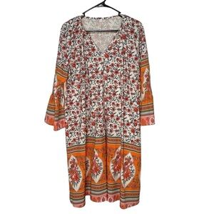 Mixed Print Orange Floral Flounce Bell Sleeve Shift Dress